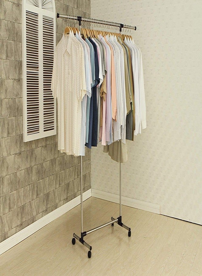RAVIZAA Stainless Steel Single Pole Telescopic Movable Portable Adjustable Clothes, Garment Hanging Rack Stand with Wheels-1. - Image 1